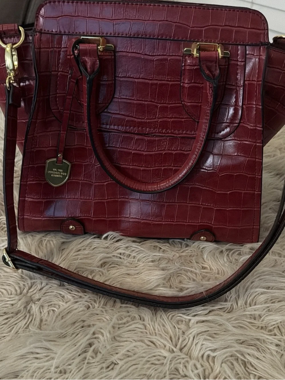 London Fog Red Croc-Embossed Satchel with Gold Hardware